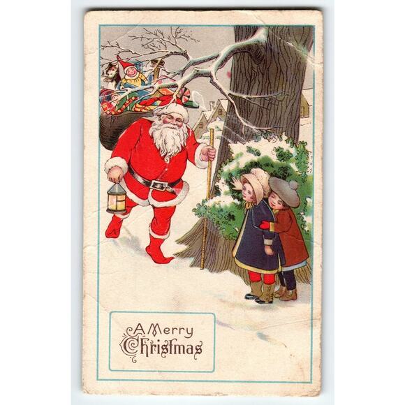 Vintage Santa Claus Christmas Postcard with Children & Lantern Stecher - Picture 1 of 2